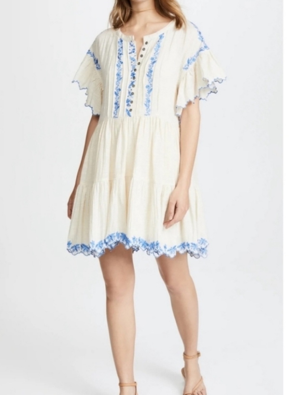 Free People Cream Mini Dress with Blue Embroidery